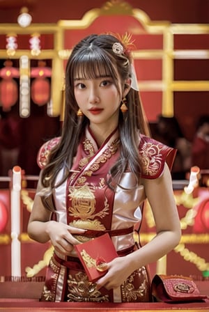 long hair,  jewelry,  1girl,  looking at viewer,  ((blurry background)), 26 year-old girl,red envelope, new year set,firecracker,red lantern,festival