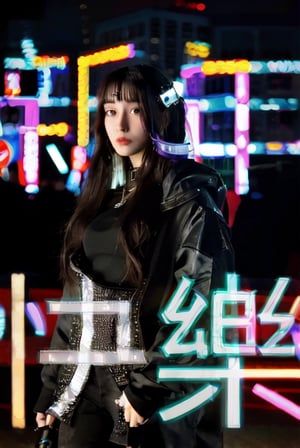 long hair,  jewelry,  1girl,  looking at viewer,  ((blurry background)), 26 year-old girl,cyberpunk style,cyberpunk suit