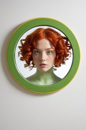 a green mirror with a circular mirror with a white ceramic frame, in the mirror a woman with red curly hair is reflected, she has large green eyes. From the ceramic of the mirror comes a yellow rose that casts a shadow on the wall.