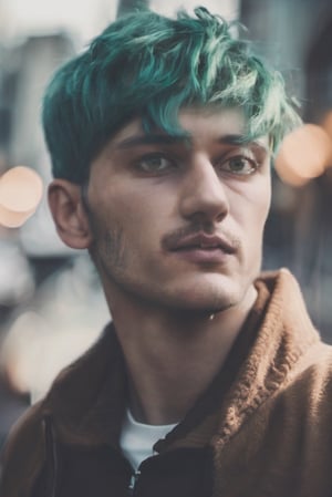 cinematic photo {portrait of a handsome male, green eyes, violet hair, face colored taatoo} . 35mm photograph, film, bokeh, professional, 4k, highly detailed
