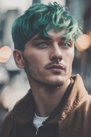 cinematic photo {portrait of a handsome male, green eyes, violet hair, face colored taatoo} . 35mm photograph, film, bokeh, professional, 4k, highly detailed
