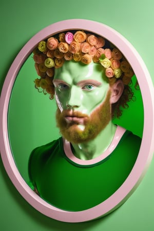 a green wall with a circular mirror, white ceramic frame, in the mirror a handsome muscle 30 years old man with pink curly hair is reflected, he has large green eyes. From the ceramic of the mirror comes a yellow rose that casts a shadow on the wall.