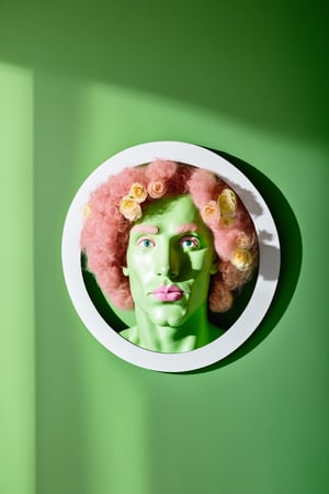 a green wall with a circular mirror, white ceramic frame, in the mirror a handsome muscle 30 years old man with pink curly hair is reflected, he has large green eyes. From the ceramic of the mirror comes a yellow rose that casts a shadow on the wall.