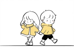 a boy and a girl walking on street, Line Chibi yellow, sping, white background, 
