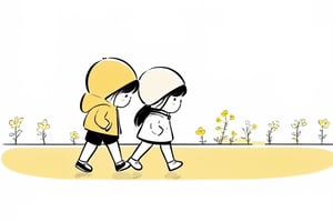 a boy and a girl walking on street, Line Chibi yellow, sping, white background, 