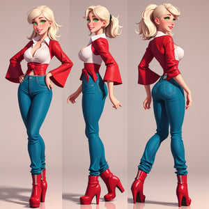 multiple views, multiple angle shoot, showing her luscious body in a revealing scandalous pose, sexy pose, full body, upper body, reference sheet,, {A highly detailed 3D model in Pixar style}  full-body shot, wide angle shot, taken from afar, beautiful thin  sexy 1m70 tall European 30 years old woman. She has oval face with pointy chin and slighlty squared jaw, voluminous messy platinum blonde hair in ponytail hairstyle, side-swept bangs, large shining bright seafoam green emerald eyes, thick eyelashes, light blonde arched eyebrows, round reddish blushed cheeks, small upturned red cute nose with a rosy tint, reddish-pink lips, lot lot lot of freckles all over the body, pointed chin. Her skin is smooth and slightly tanned with matte finish, and her cheeks are subtly blushed.  She is busty but has thin waist, She should be normally proportionate, with a head that is 1/8th her height. She has a balanced hourglass figure with really big beautiful generous round breast and firm beautiful butt, slender legs, athletic build. She's wearing a white shirt tied at the waist with the sleeves rolled up, a neckline that's wide open over the red bra, low-rise skinny  blue jeans revealing a frivolous, sexy red thong protruding from the jeans and high leather ankle boots with suede leather heels. She has charming air with frank smile, and confident allure, discreet smile, luscious air, appealing, 3d toon full body visible pose, ,inst4 style,1girl ,REALISTIC,Sexy Pose,Styles Pose,veronica