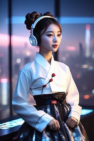 xxmixgirl, fan dancing, in cyber room with a view of the city, gothic style hanbok outfit, petite, cute face, messy bun, bangs, side bangs, headphone, streaks of light from dancing, Futuristic, innovative, technology, photo, realistic, Portrait, White Balance, best quality, 4k