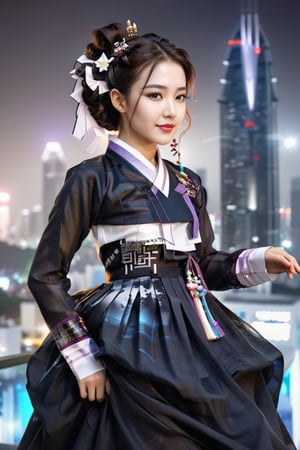 Korean Girl, dancing, in cyber room with a view of the city, gothic style hanbok outfit, petite, cute face, messy hair, bangs, side bangs, Futuristic, innovative, technology, photo, (realistic), Portrait, White Balance, best quality, cutegirlmix