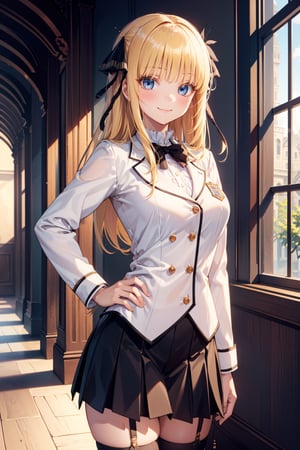 window, castle, (ultra detailed), masterpiece, breasts, best quality, aesthetics, detailed, alone, soft smile, light smile, 1 girl, blue eyes, (long hair), (yellow hair), sensual, (big breasts), formed chest, 1girl, (different poses, (blush),  Hair intakes, curvy, Slender, anime, girl, sexy, cute, upper torso, Slender fingers, perfect anatomy, extremely detailed, (perfect hands, perfect anatomy), hand on hip, luxury room, royalty room,JulietPersia, bangs, juliet persia, long hair, bangs, blue eyes, blonde hair, black ribbon, side black bow, side hair ribbon, side hair bow,JulietPersia, blonde eyelashes, perfect fingers , (JulietSchoolUniform), hair ribbon, 1girl, solo, smile, (white jacket, black skirt), royal hallway, european architecture, (Juliet Persia)