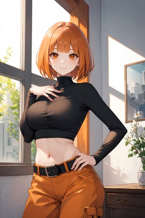 Room, Window, castle,(Ultra Detailed), Masterpiece, Breasts, Best Quality, Aesthetic, Detailed, Solo, Soft Smile, Light Smile, 1 Girl, (deep orange eyes), (short hair), (orange hair), sensual, big breasts, shaped chest, 1 girl, different poses), (eyelashes), (slender), wide hips, ((perfect hands)), ((perfect fingers)), (free pose), hand on hip, mature woman, (natane), blunt bangs, black multicolored hair, front stop, black shirt, long sleeves, abdomen, belt, orange shorts, top shirt