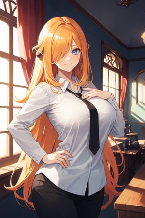 Room, Window, castle,(Ultra Detailed), Masterpiece, Breasts, Best Quality, Aesthetic, Detailed, Solo, Soft Smile, Light Smile, 1 Girl, (blue eyes), (long hair), (yellow hair) , sensual, huge breasts, shaped chest, 1 girl, different poses), (eyelashes), (slender), wide hips, hair over one eye, hair ornament, very long hair, wavy hair, perfect hands, perfect fingers, sleeves, black pants, white shirt, long sleeve shirt, short tie