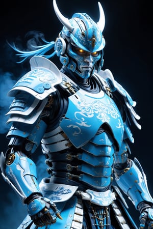 ultra Realistic cyborg samurai,Wearing light blue and white Samurai Armor,high futuristic cyberpunk style, vibrant colour smoke,incredibly detailed, dark, key visuals, atmospheric, highly realistic,ultra Quality ray tracing