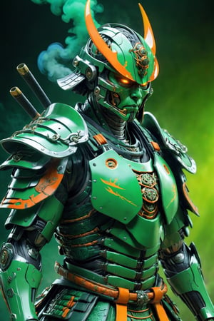 ultra Realistic cyborg samurai,Wearing green and orange Samurai Armor,high futuristic cyberpunk style, vibrant colour smoke,incredibly detailed, dark, key visuals, atmospheric, highly realistic,ultra Quality ray tracing