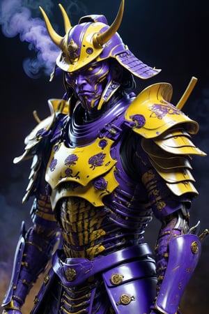 ultra Realistic cyborg samurai,Wearing purple and yellow Samurai Armor,high futuristic cyberpunk style, vibrant colour smoke,incredibly detailed, dark, key visuals, atmospheric, highly realistic,ultra Quality ray tracing