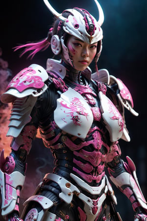 ultra Realistic cyborg female samurai,Wearing pink and white Samurai Armor,high futuristic cyberpunk style, vibrant colour smoke,incredibly detailed, dark, key visuals, atmospheric, highly realistic,ultra Quality ray tracing