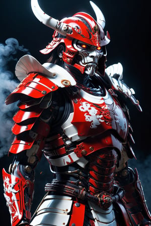 ultra Realistic cyborg samurai,Wearing RED and white Samurai Armor,high futuristic cyberpunk style, vibrant colour smoke,incredibly detailed, dark, key visuals, atmospheric, highly realistic,ultra Quality ray tracing