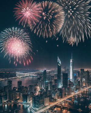 Aerial view of futuristic metropolis, fireworks, nightime, extremely high quality RAW photograph, detailed background, intricate, exquisite details and textures, highly detailed, ultra detailed photograph, warm lighting, 4k, sharp focus, high resolution, (((low camera noise))), fisheye