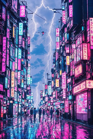 Japanese street at night, people in the street, pink neon light, light blue neon lights, rain, High detailed ,Color magic,photorealistic, single street, (dark sky), (1 single lightning in the sky) high contrast,Cyberpunk