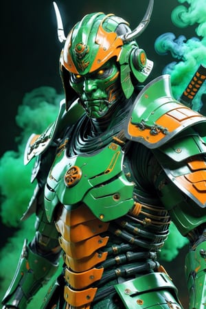 ultra Realistic cyborg samurai,Wearing green and orange Samurai Armor,high futuristic cyberpunk style, vibrant colour smoke,incredibly detailed, dark, key visuals, atmospheric, highly realistic,ultra Quality ray tracing