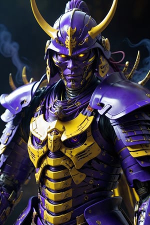 ultra Realistic cyborg samurai,Wearing purple and yellow Samurai Armor,high futuristic cyberpunk style, vibrant colour smoke,incredibly detailed, dark, key visuals, atmospheric, highly realistic,ultra Quality ray tracing