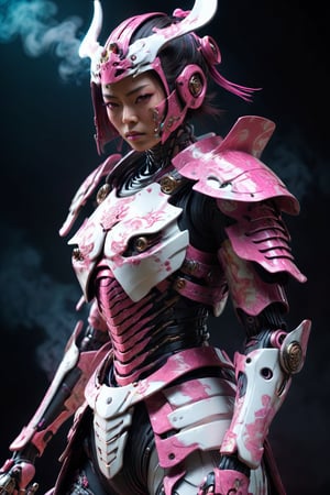 ultra Realistic cyborg female samurai,Wearing pink and white Samurai Armor,high futuristic cyberpunk style, vibrant colour smoke,incredibly detailed, dark, key visuals, atmospheric, highly realistic,ultra Quality ray tracing