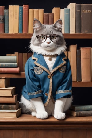 Envision an adorable and playful scene: A cat sits in front of a bookshelf, adorned with glasses and a vintage jacket, resembling an intellectual little princess