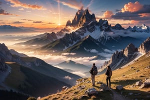 Beautiful mountain range, dolomites, realistic, high quality, vacation, sunset, sunglasses, hazy