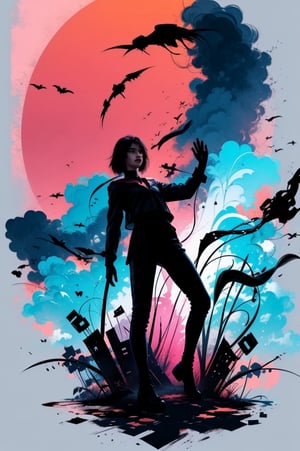 (silhouette:1.25), 1girl, dark background, blacklight, mid shot, full body, somber expression, looking  down, dark energy, vibrant cyan, portal to another world, flat color, flat shading, ultra realistic, highres, superb, 8k wallpaper, extremely detailed, intricate, limited palette, pink,

T shirt design