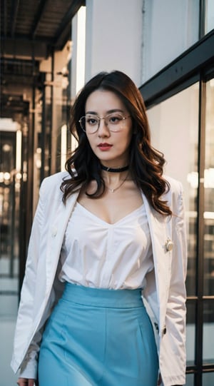 Masterpiece,best quality,official art asian,teen, long brunette curly hair, sky blue formal suit, ,choker,glasses dynamic lighting,Portrait,dream_girl,Photorealism, dynamic pose,flash, sexy pose, lifting skirt