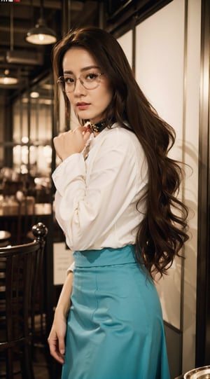 Masterpiece,best quality,official art asian,teen, long brunette curly hair, sky blue formal suit, ,choker,glasses dynamic lighting,Portrait,dream_girl,Photorealism, dynamic pose,flash, sexy pose, lifting skirt