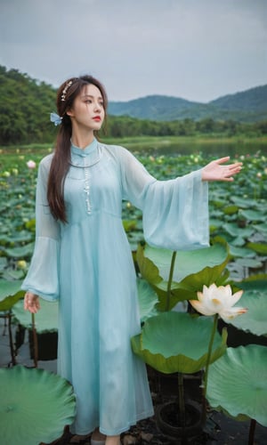 xxmixgirl, (masterpiece:1.3), (highest quality:1.4), (HDR:1.0), a girl with long hair looking at sky, with lotus lake background and an aotac dress, constant, a character portrait, synchronization, detailed, realistic, 8k uhd, high quality, xxmix_girl , showing_armpits, armpits,xxmix_girl, intercourse,  armpit , aotac