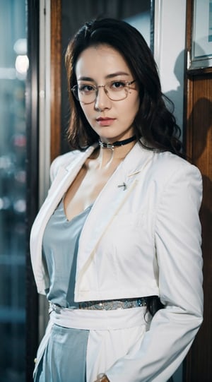 Masterpiece,best quality,official art asian,teen, long brunette curly hair, sky blue formal suit, ,choker,glasses dynamic lighting,Portrait,dream_girl,Photorealism, dynamic pose,flash, sexy pose, full portrait