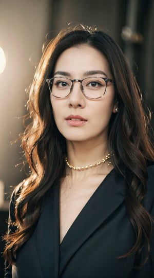 Masterpiece,best quality,official art asian,teen, long brunette curly hair, random color formal suit, ,choker,glasses dynamic lighting,Portrait,dream_girl,Photorealism, dynamic pose,flash, sexy pose, full body portrait, earing, necklace