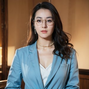 Masterpiece,best quality,official art asian,teen, long brunette curly hair, sky blue formal suit,choker,glasses dynamic lighting,Portrait,dream_girl,Photorealism, naked, sit, dynamic pose,flash, earing, necklace 