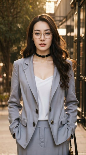 Masterpiece,best quality,official art asian,teen, long brunette curly hair, random color sexy formal suit, ,choker,glasses dynamic lighting,Portrait,dream_girl,Photorealism, dynamic pose,flash, sexy pose, full body portrait