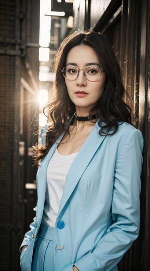 Masterpiece,best quality,official art asian,teen, long brunette curly hair, sky blue formal suit, ,choker,glasses dynamic lighting,Portrait,dream_girl,Photorealism, dynamic pose,flash, sexy pose, full portrait