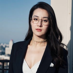 Masterpiece,best quality,official art asian,teen, long brunette curly hair, sky blue formal suit,choker,glasses dynamic lighting,Portrait,dream_girl,Photorealism, naked, sit, dynamic pose,flash