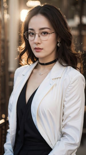 Masterpiece,best quality,official art asian,teen, long brunette curly hair, random color formal suit, ,choker,glasses dynamic lighting,Portrait,dream_girl,Photorealism, dynamic pose,flash, sexy pose, full body portrait, earing, necklace