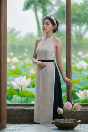xxmixgirl, (masterpiece:1.5, (highest quality:1.4), (HDR:1.5), full body portrait, a girl with long hair looking at sky, with lotus lake background and ao_yem dress, in lotus lake, constant, a character portrait, synchronization, detailed, realistic, 8k uhd, high quality, xxmix_girl , showing_armpits, armpits,xxmix_girl, intercourse,  armpit,Vietnamese girl wear aoyem, transparent ao_yem, wide angle shot, full body 16:9, covered nipples,underboob,see-through, side boob,mung headband, side_boobs, side_breast