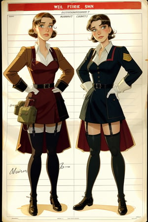 character sheet illustration role play character, full body, science fiction, illustration, turnaround sheet, futuristic clothing, eye contact, looking at viewer, WW2 military uniform and stockings, illustration, (by Jean-Pierre Gibrat:0.2)