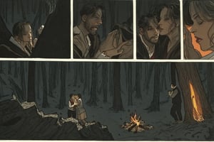 Comic panels, forest, a man and a woman, night, bonfire, illustration by jean-pierre Gibrat, embrace, close-up, overhead, multiple angles