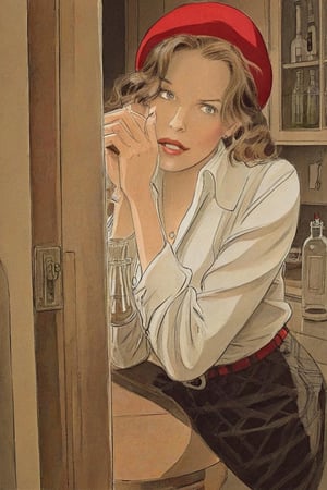 woman in a kitchen, wearing a button-up blouse and pencil skirt, Gibrat, hand to face, beret, wine glass, looking at viewer, flirtatious, shadows,Gibrat,ILLUSTRATION BY JEAN