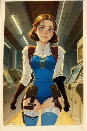 character sheet illustration, female space warrior, role play character, full body, science fiction, illustration, turnaround sheet, futuristic clothing, futuristic armor, eye contact, looking at viewer, brunette, WW2 military uniform and stockings, illustration, (by Jean-Pierre Gibrat:0.2), Anna from Frozen