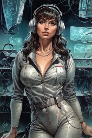 score_9,score_8_up,score_7_up,score_6_up, score_5_up, 1girl, Detailed illustration, portrait of a science fiction character, female, 38-years old, indoors, gritty, futuristic clothing, beautiful, pants, armor, headphones, jumpsuit, electronics, circuitry, looking at viewer