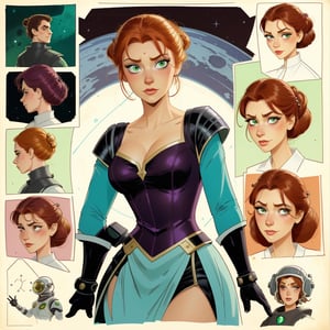 character sheet illustration, female space warrior, role play character, full body, science fiction, illustration, turnaround sheet, futuristic clothing, futuristic armor, eye contact, looking at viewer, Ginger updo, green eyes, black and purple dress, illustration