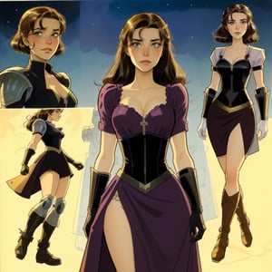 character sheet illustration, female space warrior, role play character, full body, science fiction, illustration, turnaround sheet, futuristic clothing, futuristic armor, eye contact, looking at viewer, brunette, black and purple dress, illustration, (by Jean-Pierre Gibrat:0.2)