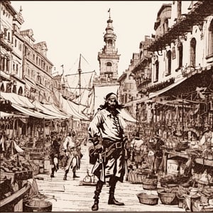pirate captain standing in a market square, illustration by Roy Krenkel