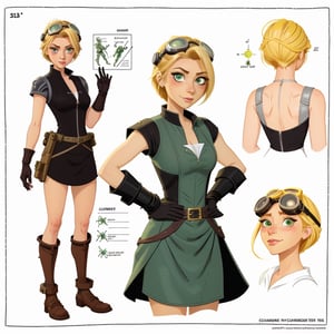 character sheet illustration, female space warrior, role play character, full body, science fiction, illustration, turnaround sheet, futuristic clothing, futuristic armor, eye contact, looking at viewer, short blonde hair, goggles, green eyes, black and white dress, illustration
