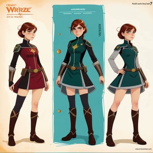 character sheet illustration, female space warrior, role play character, full body, science fiction, illustration, turnaround sheet, futuristic clothing, futuristic armor, eye contact, looking at viewer, Anna from Frozen, dress