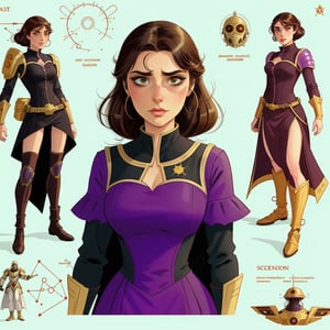 character sheet illustration, female space warrior, role play character, full body, science fiction, illustration, turnaround sheet, futuristic clothing, futuristic armor, eye contact, looking at viewer, brunette, black and purple dress, illustration